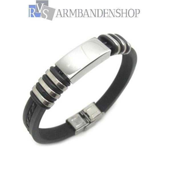 Rubberen heren of dames (unisex) armband met rvs accenten, Ophalen of Verzenden, Nieuw, Zilver, Kunststof of Plastic