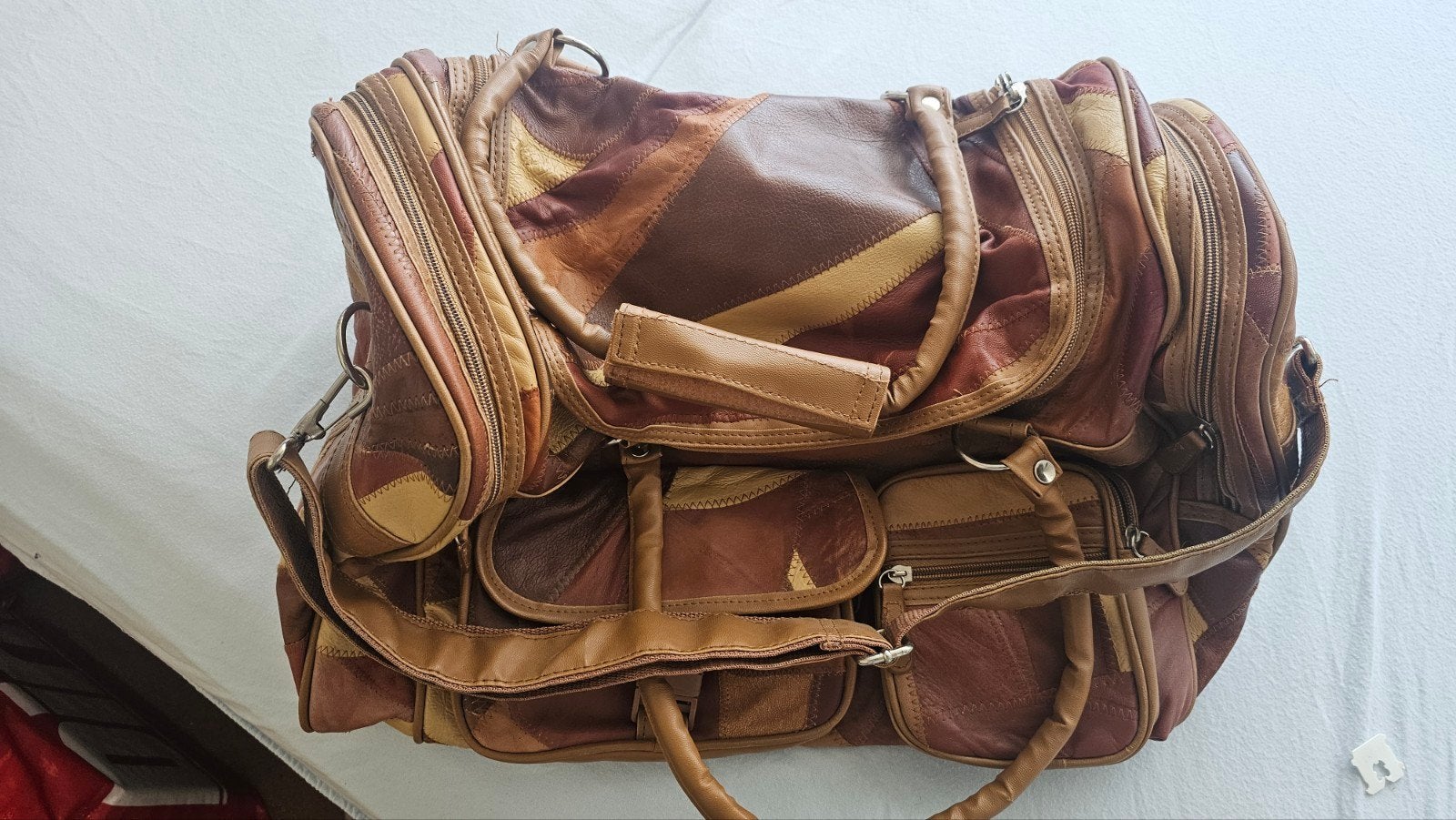Vintage Leren Reistas / Weekendtas - Patchwork Design, 40 tot 60 cm, 20 tot 30 cm, Bruin, Minder dan 35 cm
