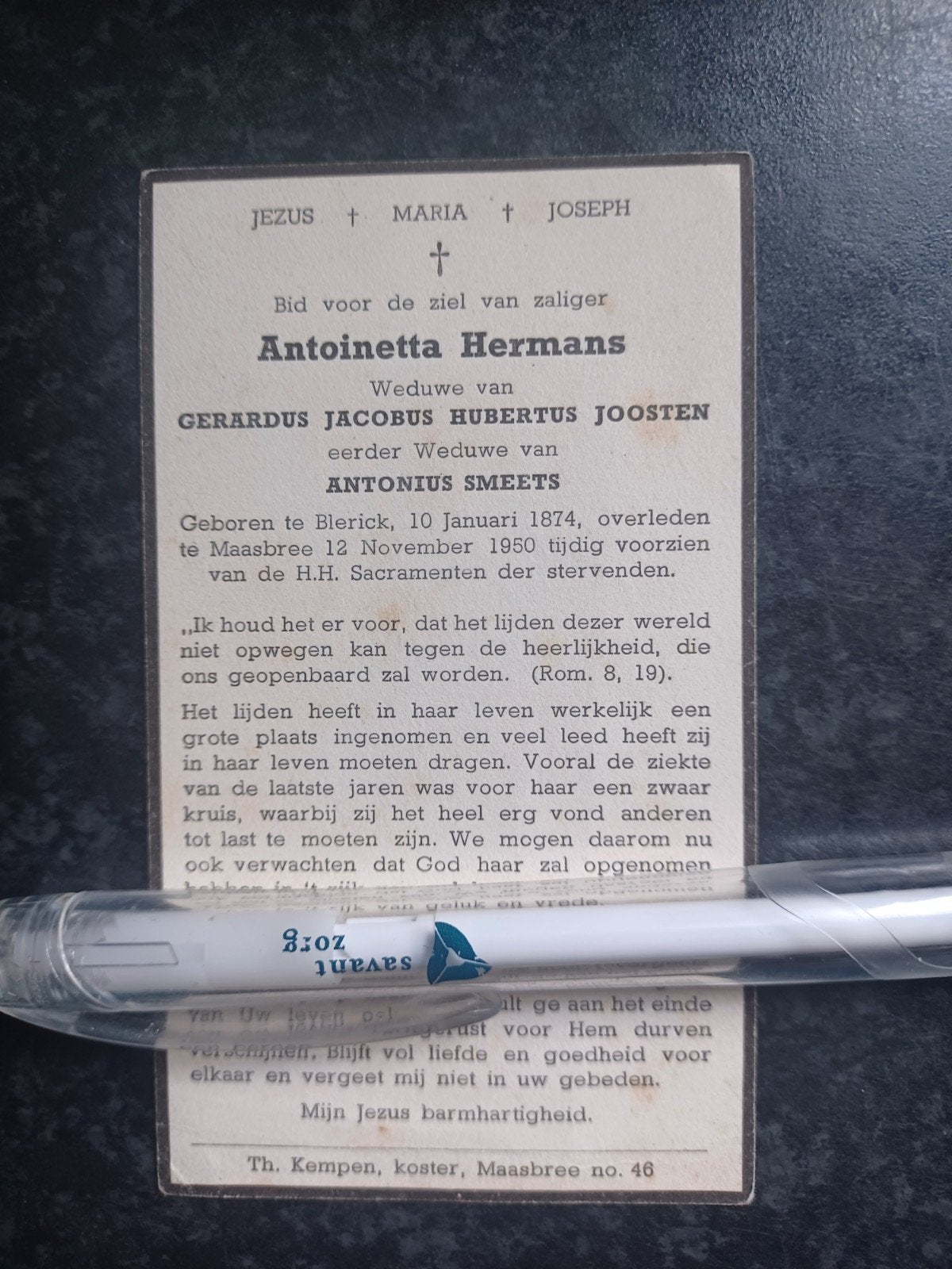 Bidprentje Blerick Maasbree Antoinetta Hermans 1874 1950, Ophalen of Verzenden, Bidprentje