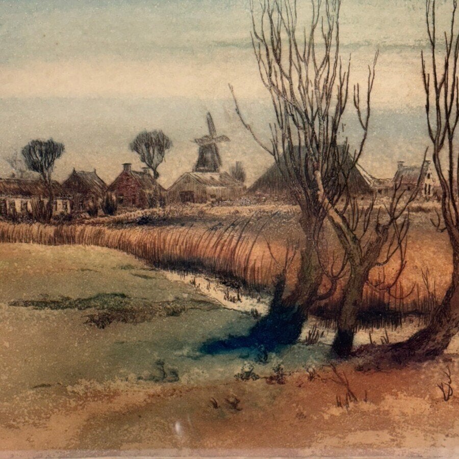 Abe Gerlsma (1919-2012) - 'Vijfhuizen', Ophalen of Verzenden, Stadsgezicht, Ets, Ingelijst