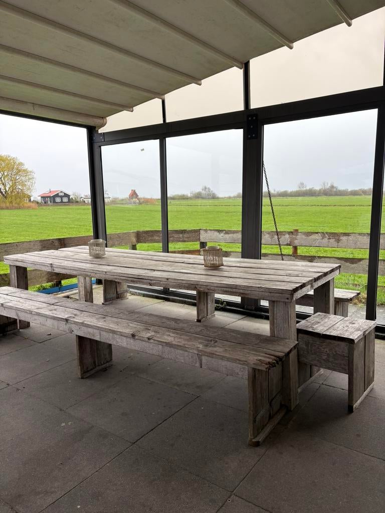 1 Steigerhouten tafel en 2 bierbanken, Ophalen, Gebruikt, Rechthoekig, Hout