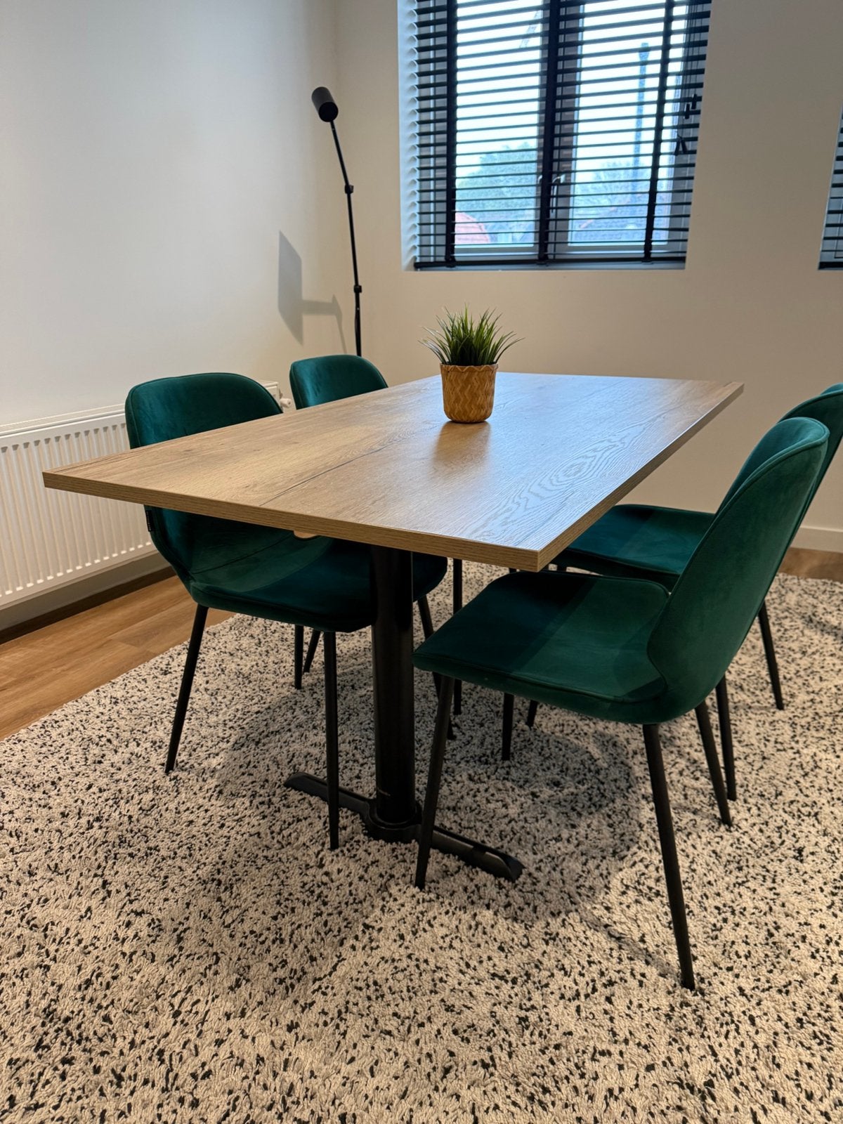Eettafel compleet met 4 groene stoelen van de Arend., Huis en Inrichting, Ophalen, Zo goed als nieuw, Rechthoekig, 50 tot 100 cm