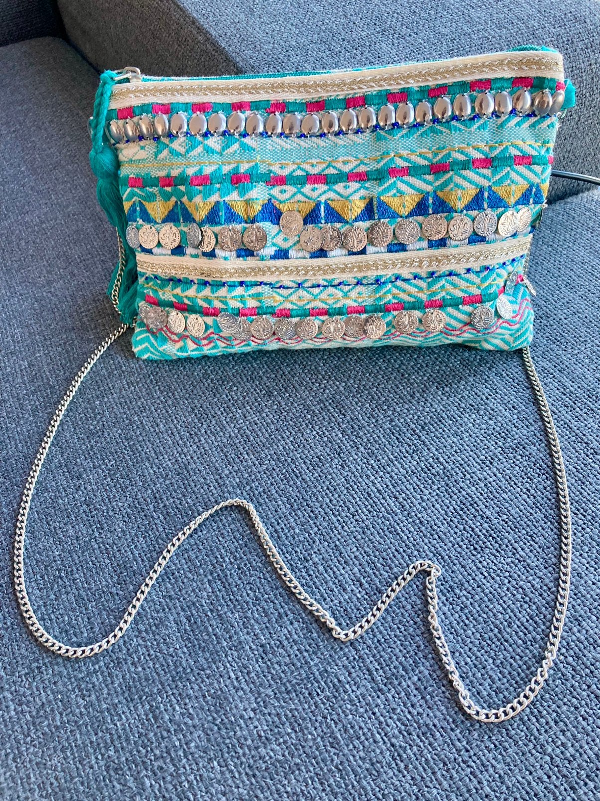 Festival Boho Bag with Coins and Chain, Ophalen of Verzenden, Gebruikt, Blauw, Schoudertasje