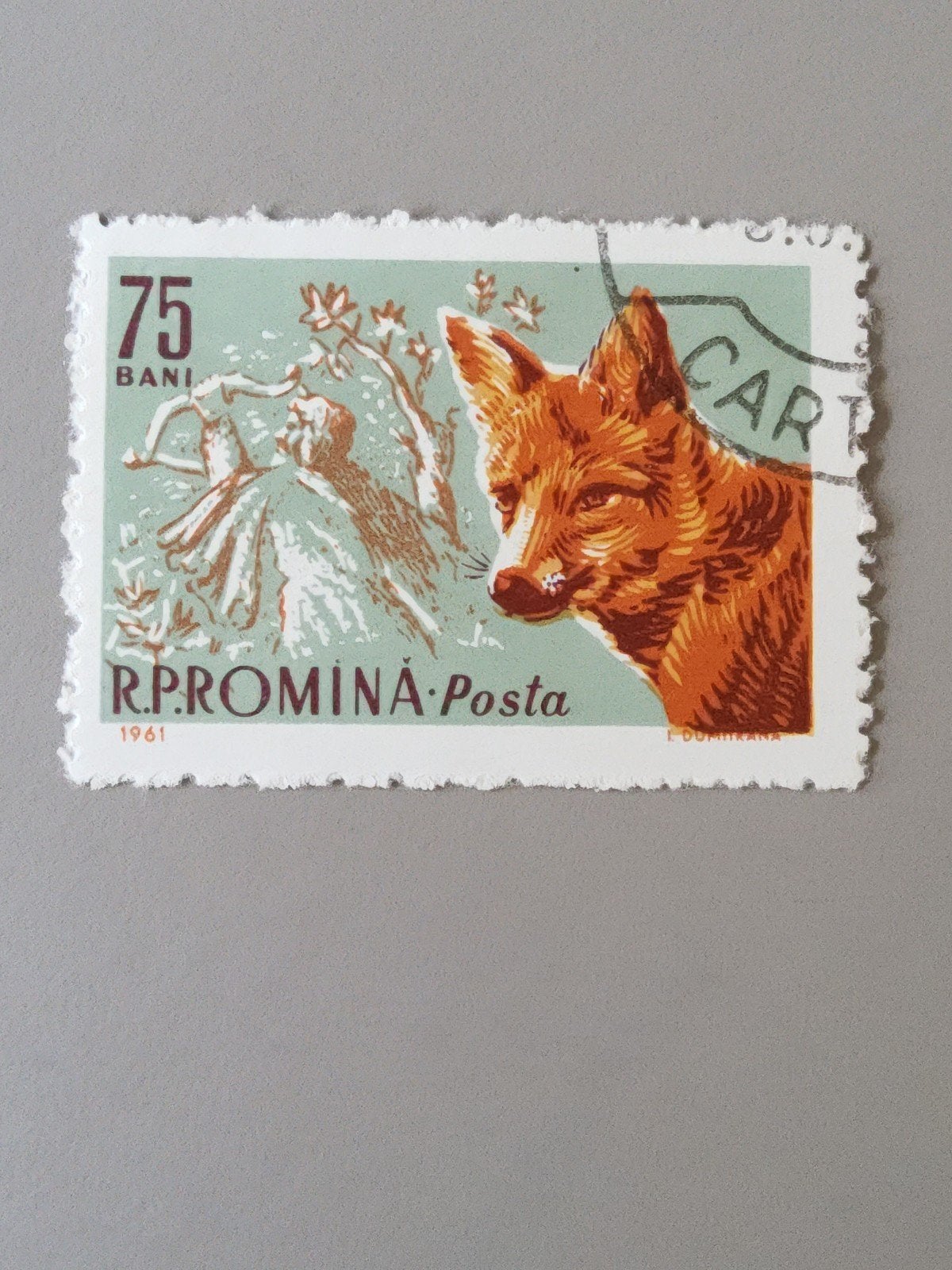 Roemenië postzegel 1961 - Vos en jager - 75 bani, Verzenden, Overige landen, Gestempeld