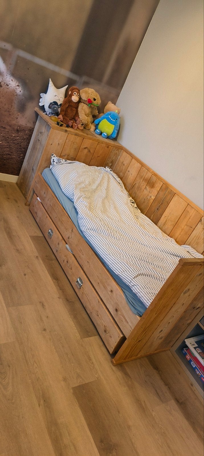 Steigerhouten kinderbed met uitschuiflade, Ophalen, 85 tot 100 cm, Gebruikt, Lattenbodem