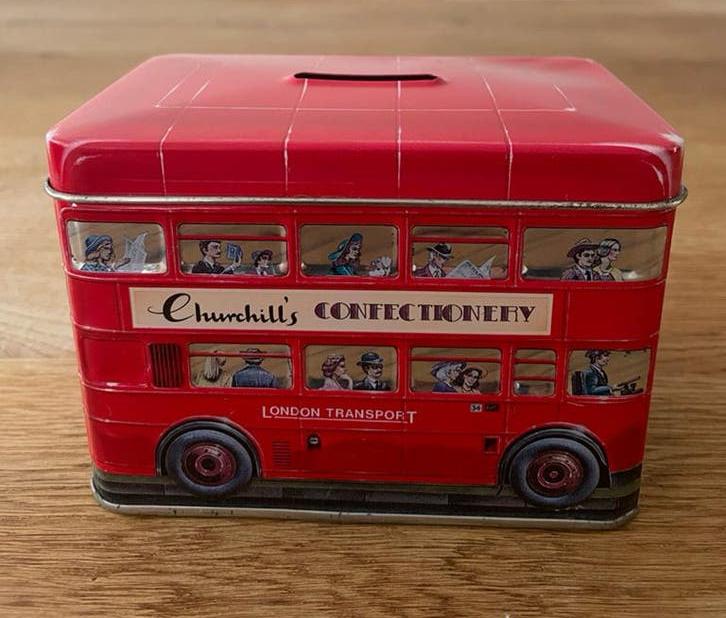 Churchill’s Confectionery London Bus spaarpot blik, Ophalen of Verzenden, Gebruikt, Metaal of Blik