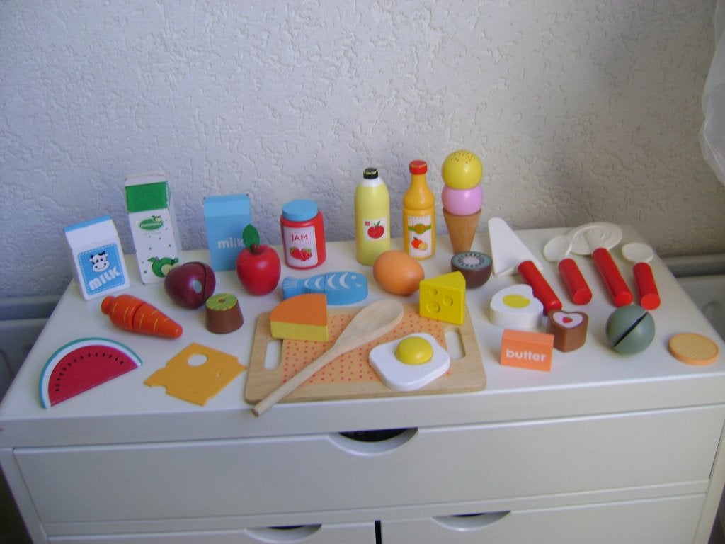 30del  houten eetset 2pak melk jam 7h ijsjes 13h pak sap 13h, Ophalen of Verzenden, Zo goed als nieuw, Hout, Speelkeuken-accessoire