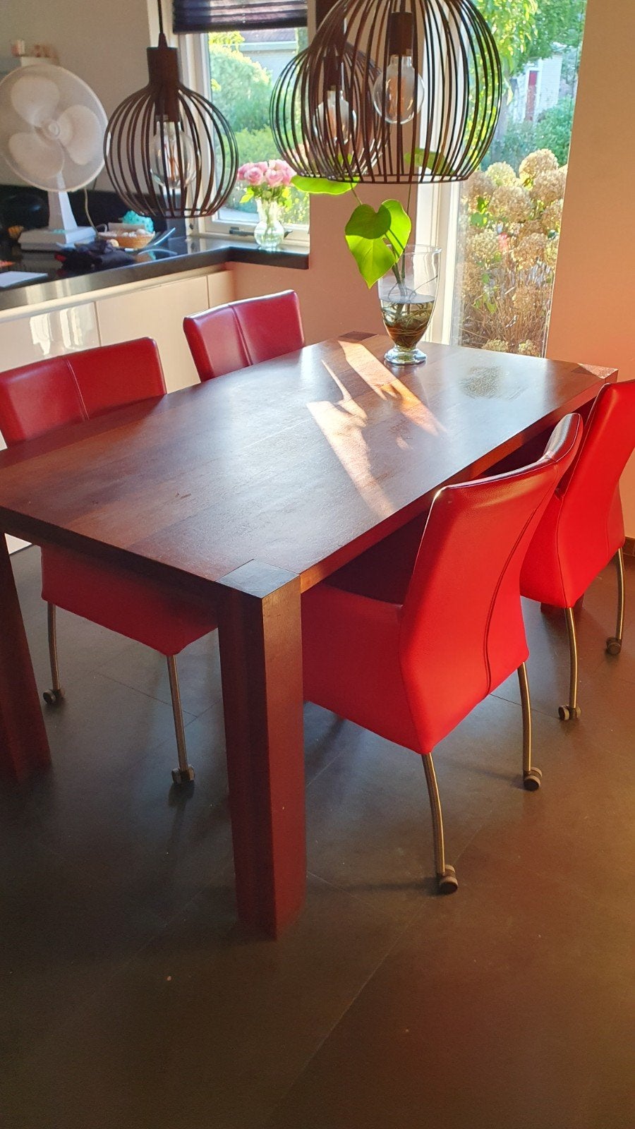 eetkamertafel + 4 stoelen (leer) + 2 bijzettafels, Ophalen, Gebruikt, 200 cm of meer, 50 tot 100 cm
