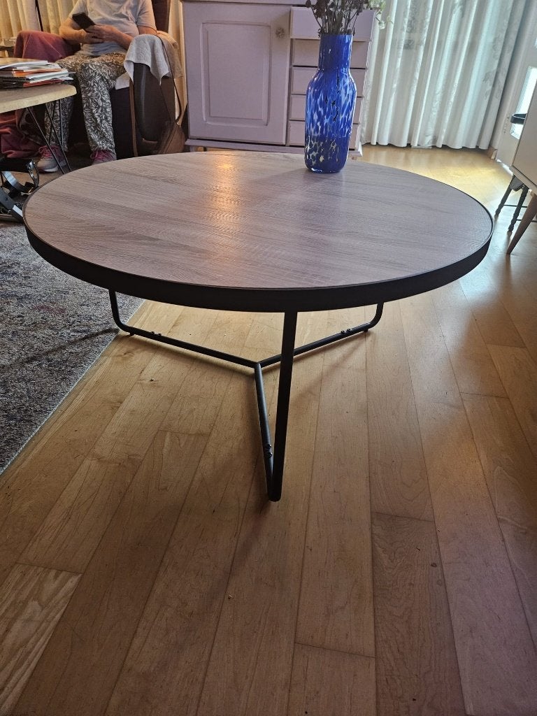 Salontafel rond zwart metalen onderstel hout fineer blad, Ophalen, Gebruikt, 50 tot 100 cm, Rond