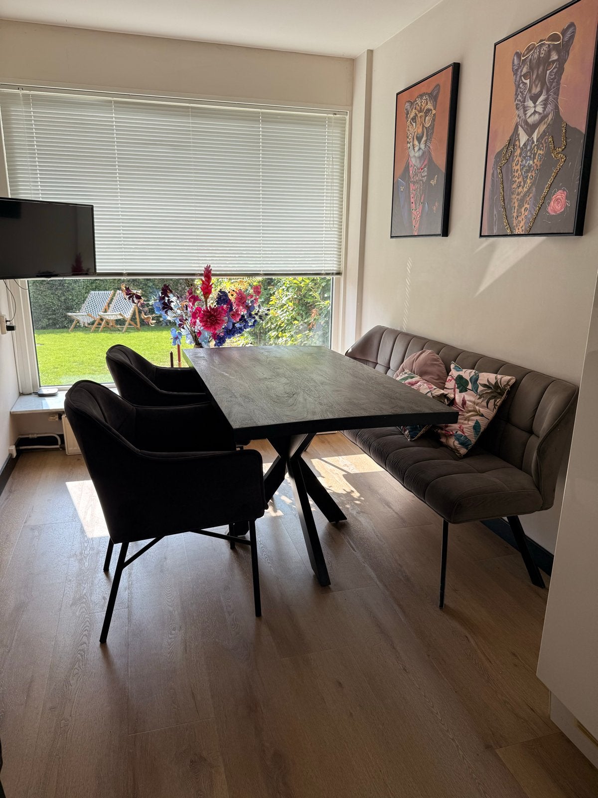 Moderne eethoek: zwarte tafel, 3 stoelen en bank, Ophalen, Gebruikt, Drie, Zwart