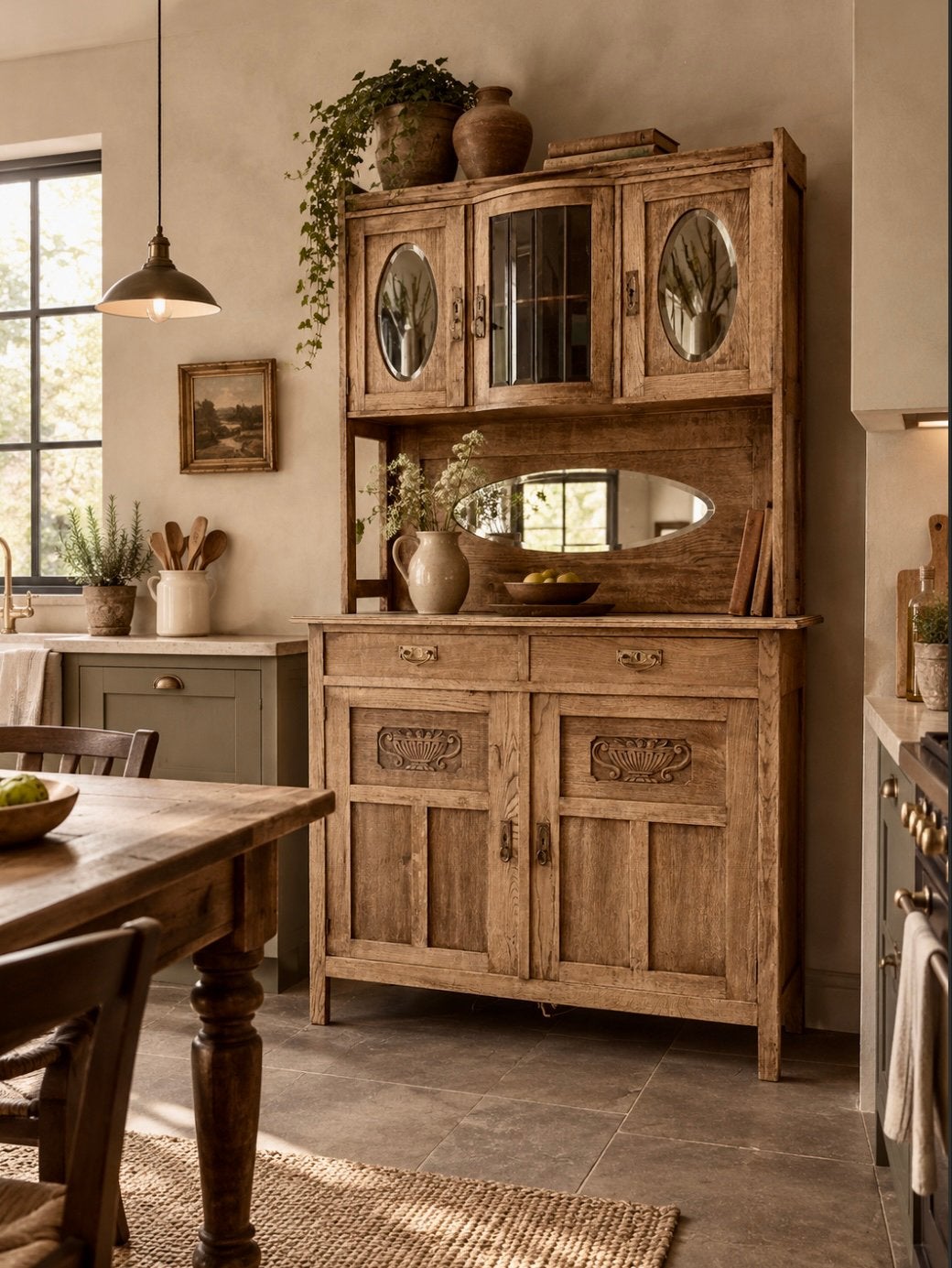 *Vergrijst eiken dressoir / buffetkast met houtsnijwerk, Ophalen, 25 tot 50 cm, Eikenhout