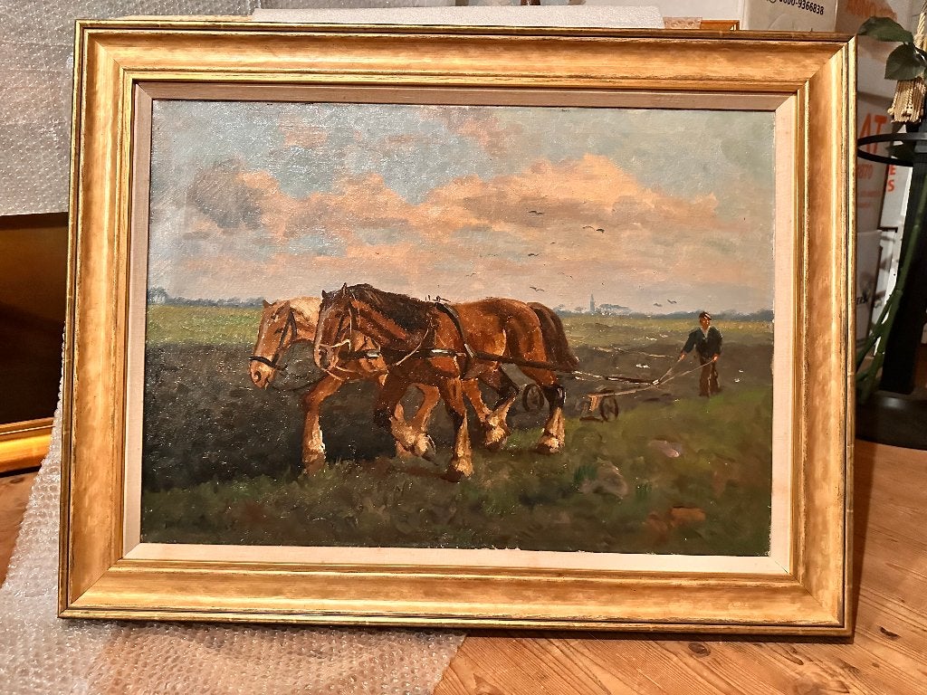 Olieverfschilderij – ploegende werkpaarden – gesigneerd, Antiek en Kunst, Ophalen, Doek, Olieverf, Gesigneerd