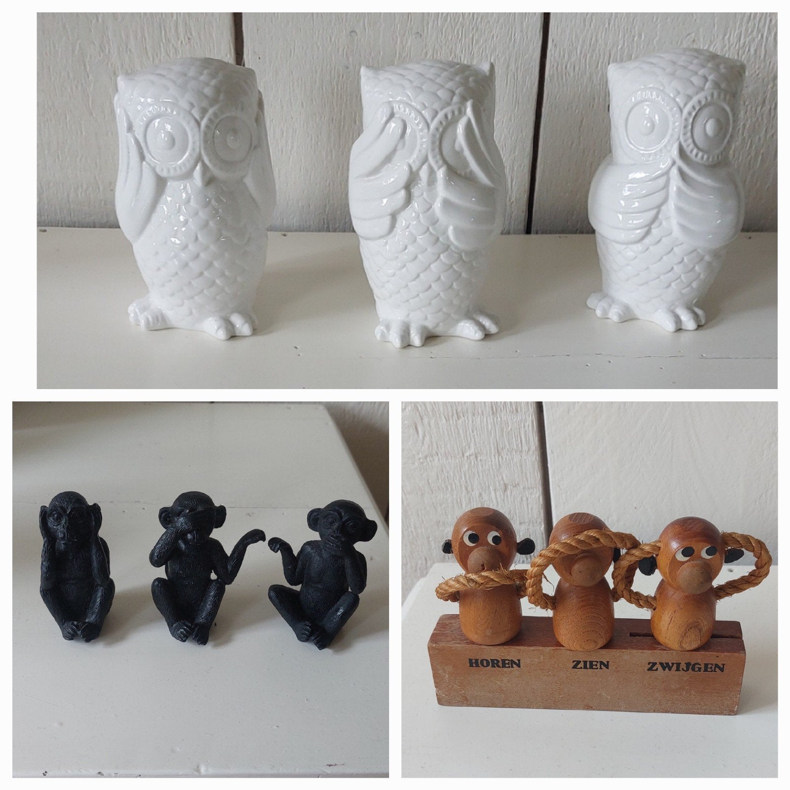 Woondecoratie horen zien zwijgen uilen apen beeldjes, Ophalen of Verzenden, Nieuw