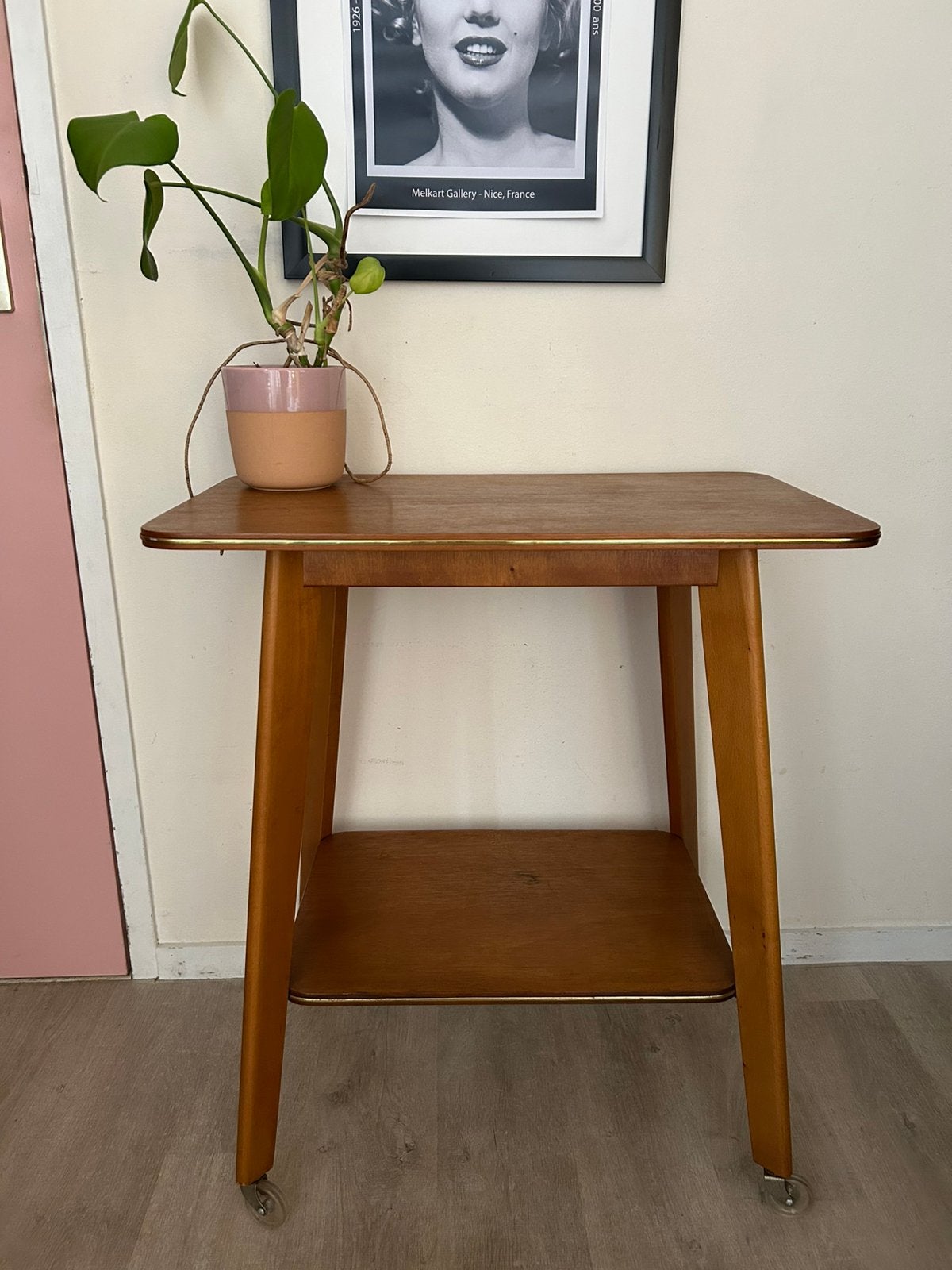Vintage bijzettafel /trolley op wieltjes Mid Century, Ophalen, Gebruikt, 50 tot 100 cm, 25 tot 50 cm