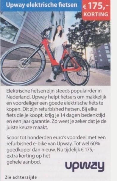 Upway elektrische fietsen €175,- korting, Tickets en Kaartjes, Kortingen en Cadeaubonnen, Eén persoon, Kortingsbon, Warenhuis- of Winkelbon