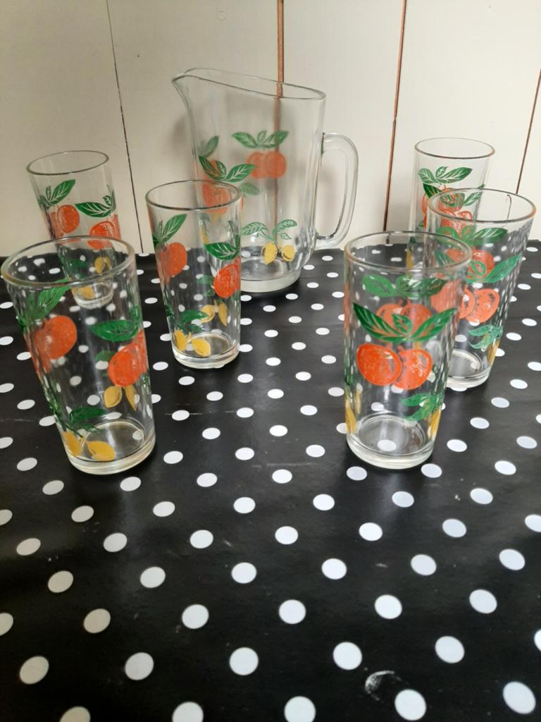 Vintage limonadeset met kan en 6 glazen, Antiek en Kunst, Ophalen of Verzenden