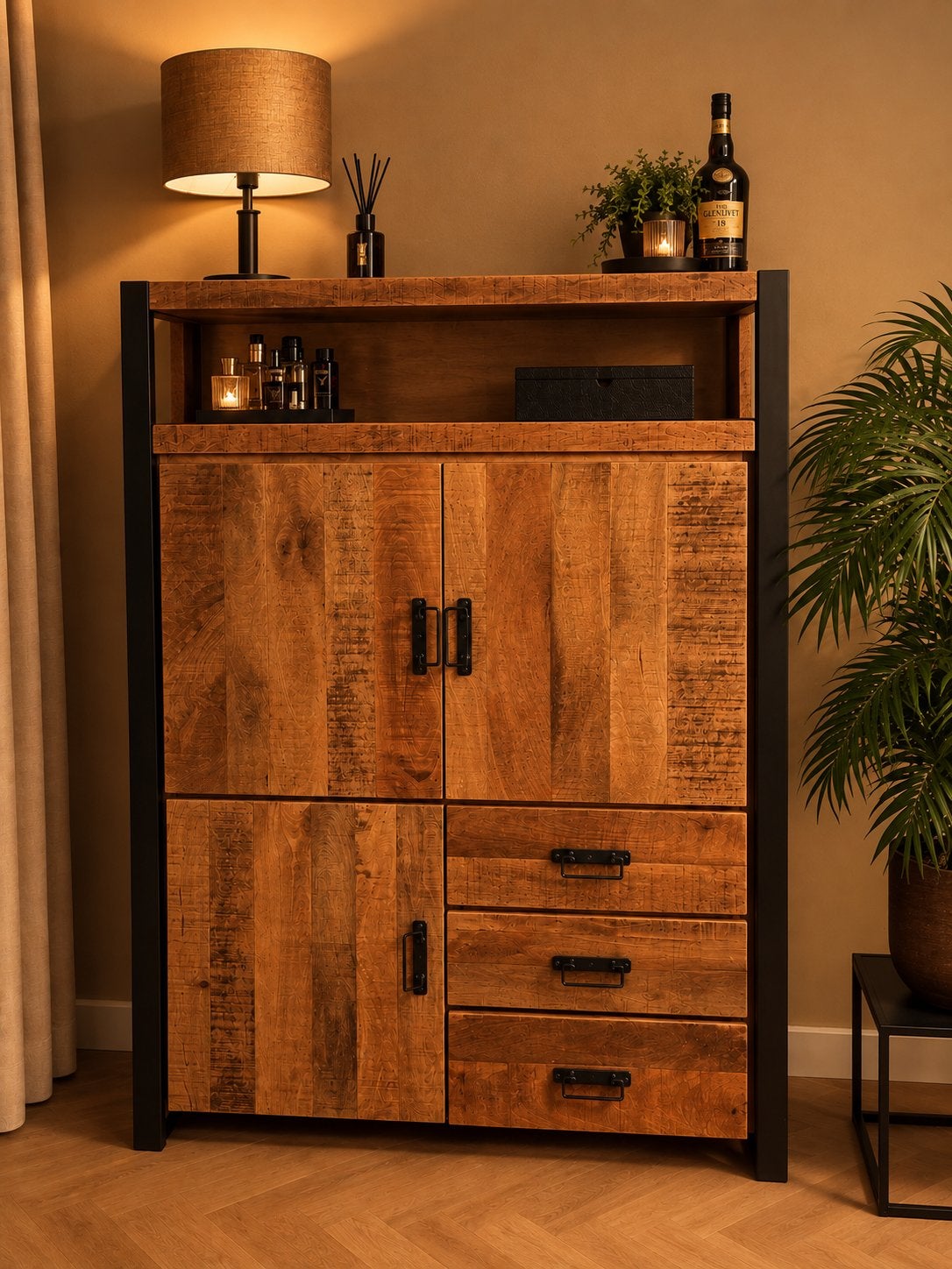 Mangohouten wandkast, Huis en Inrichting, Ophalen, Met lade(s), Zo goed als nieuw, Minder dan 150 cm