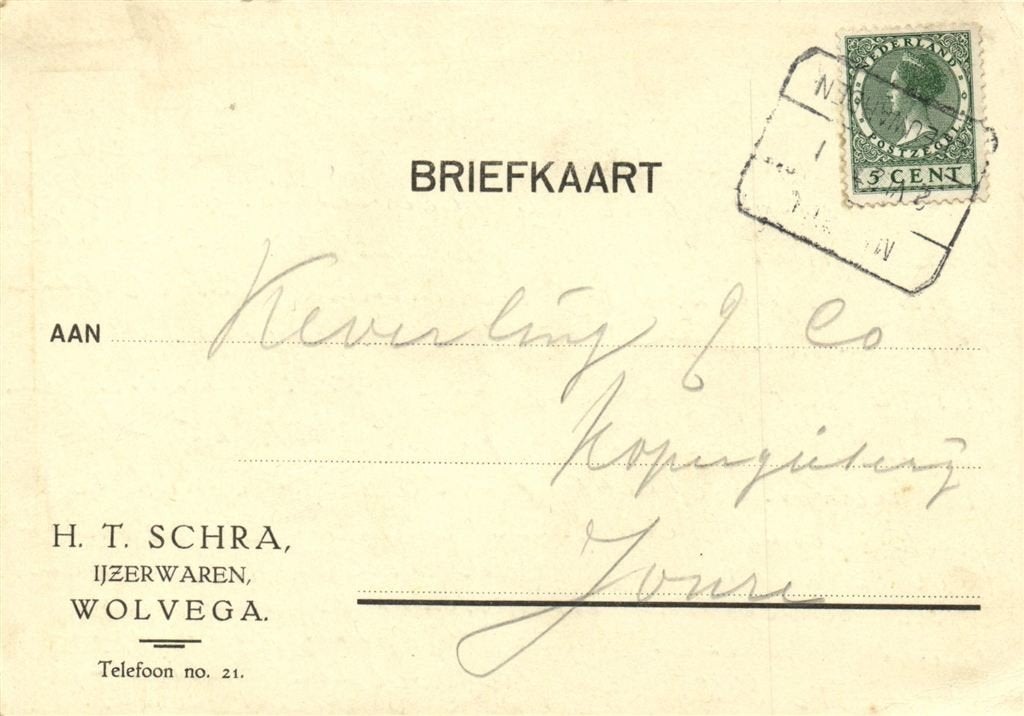 H.T. Schra, IJzerwaren, Wolvega - 06.1927 - briefkaart, Ophalen of Verzenden, Briefkaart