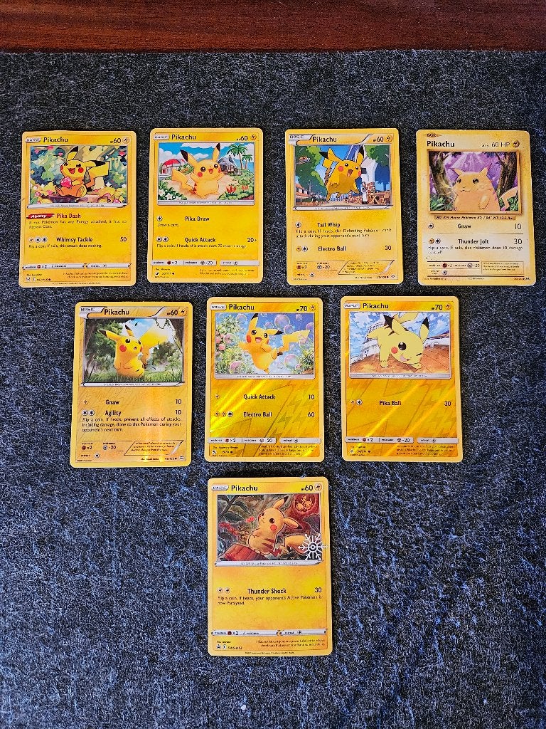 7 x Pikachu Pokémon Kaarten + Speciale SWSH153 Promo, Ophalen of Verzenden, Zo goed als nieuw, Meerdere kaarten, Foil