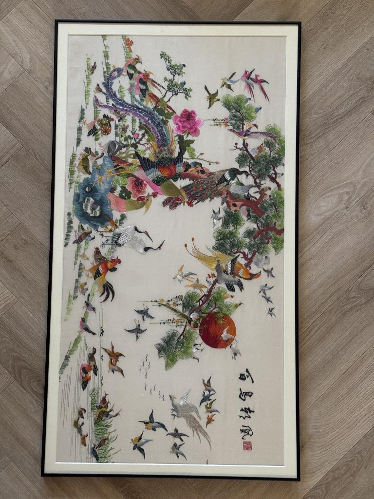 Chinees zijden borduurwerk – ingelijst – 98 x 54 cm, Ophalen