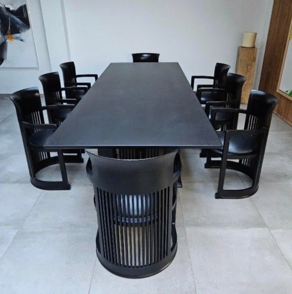 Frank Lloyd Wright Taliesin eetkamerset + 8 Barrel Chair, Ophalen, Gebruikt, 8 stoelen of meer