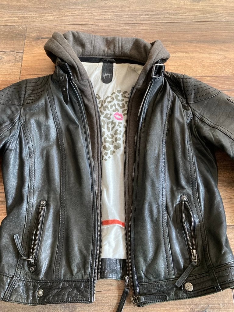Zwart leren jack jas met uitritsbare hoody 38 M, Ophalen of Verzenden, Zo goed als nieuw, Maat 38/40 (M), Zwart