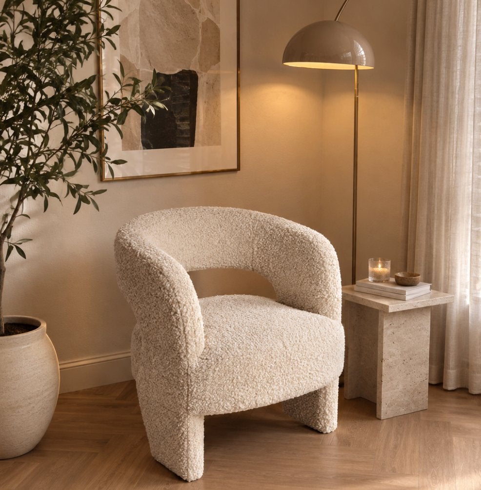 Design Bouclé Lounge stoel – Creme Teddy Stof – ZGAN, Ophalen, Wit, Zo goed als nieuw, Eén