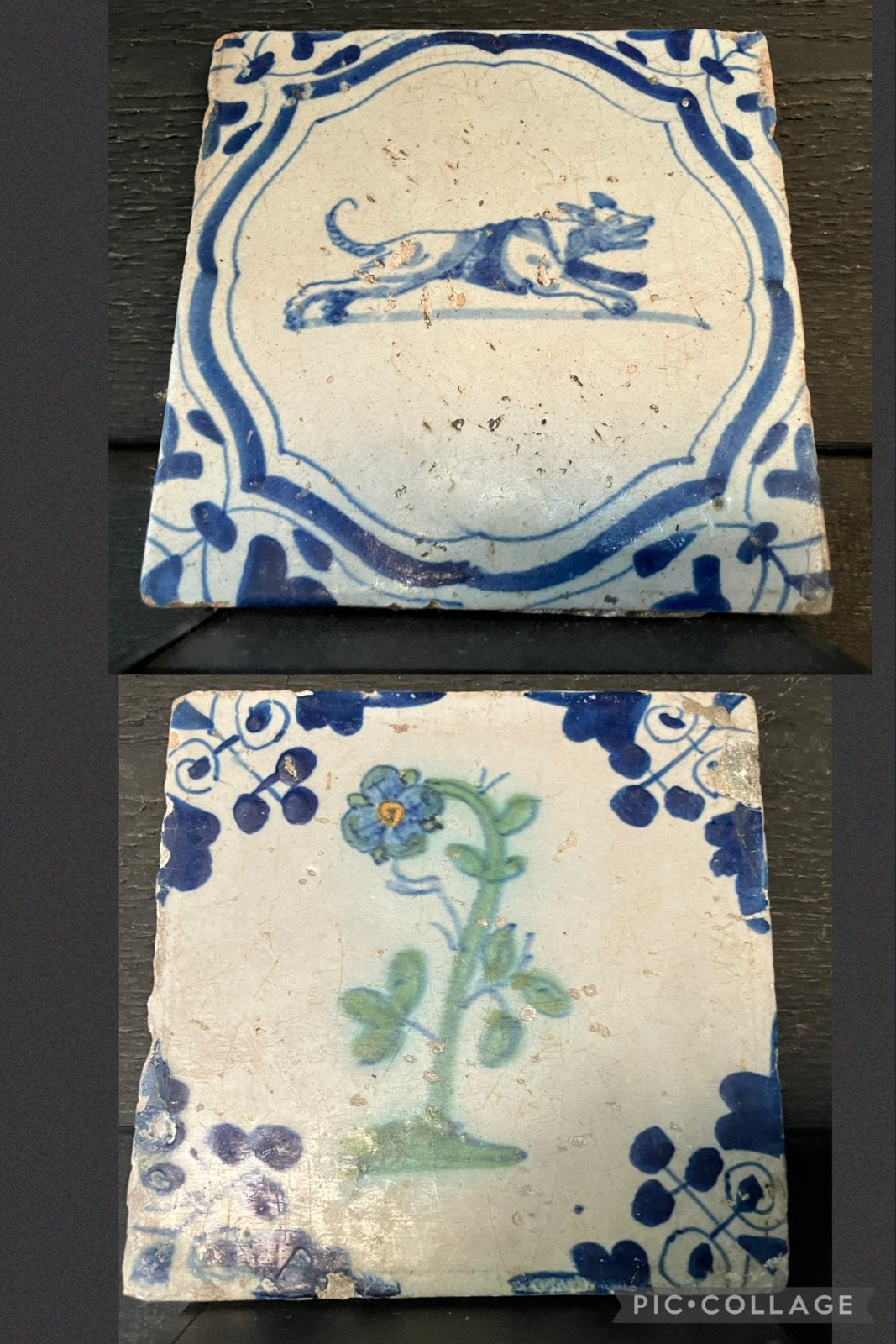 Antieke 17e eeuwse tegels met bloem en hond, Antiek en Kunst, Ophalen of Verzenden