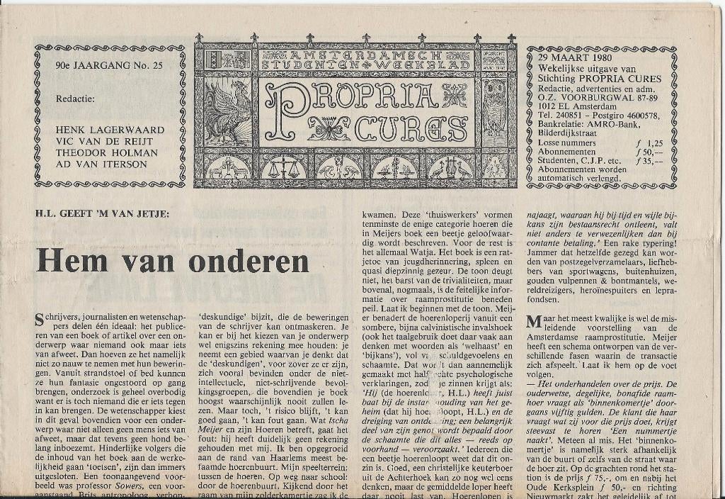 Propria Cures - 29 maart 1980. Met o.a. Theodor Holman., Ophalen of Verzenden, Gelezen