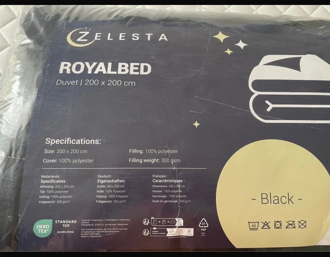 Zelesta Royalbed Dekbed Zwart 200x200 cm, Huis en Inrichting, Zwart, Ophalen of Verzenden, Deken of Dekbed, Overige merken