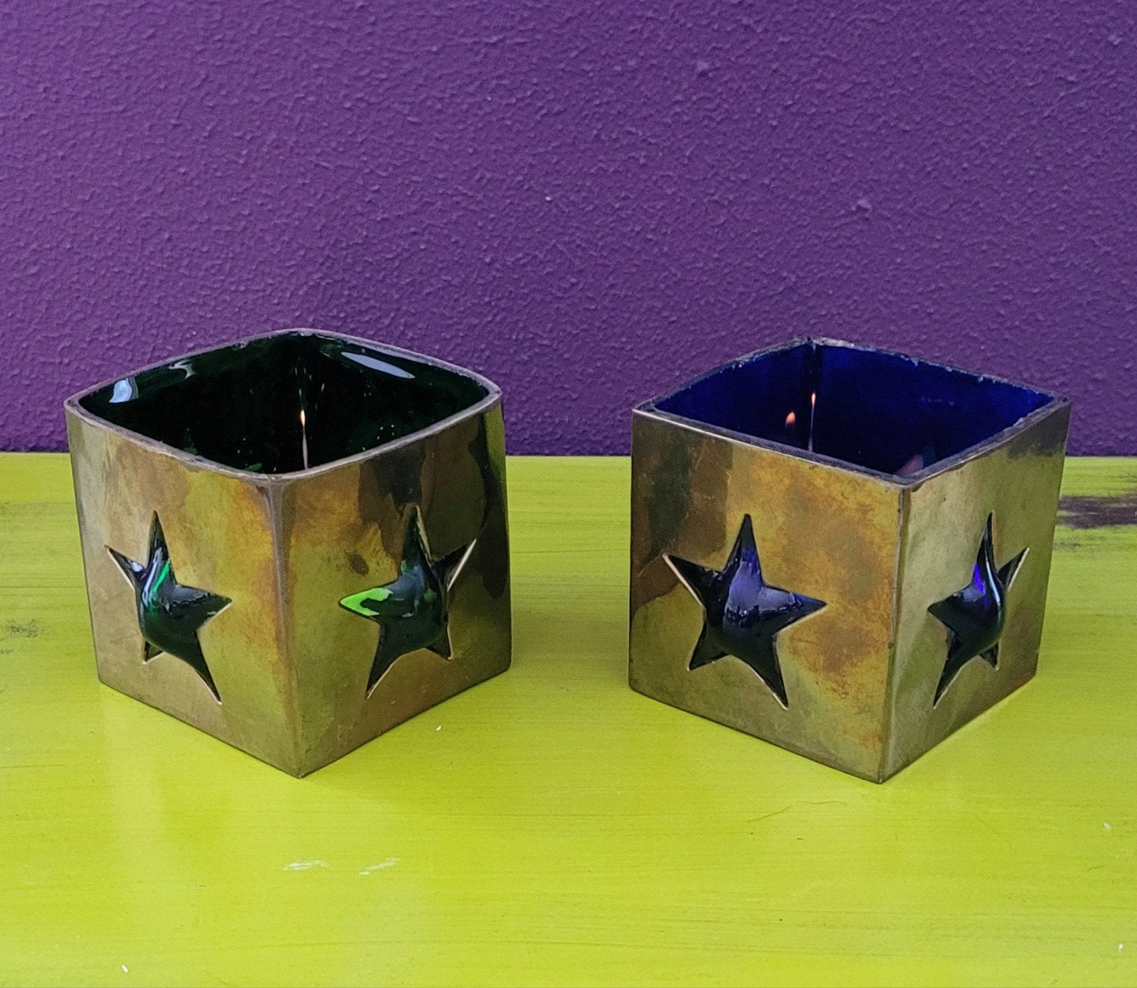 2 Theelichten/waxinelicht vierkant kristal glas, Huis en Inrichting, Gebruikt, Meerkleurig, 7 cm, Overige merken