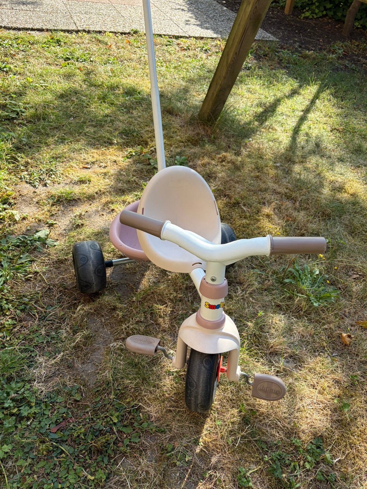 Smoby driewieler met duwstang - Roze/Beige, Ophalen, Gebruikt, Trapvoertuig