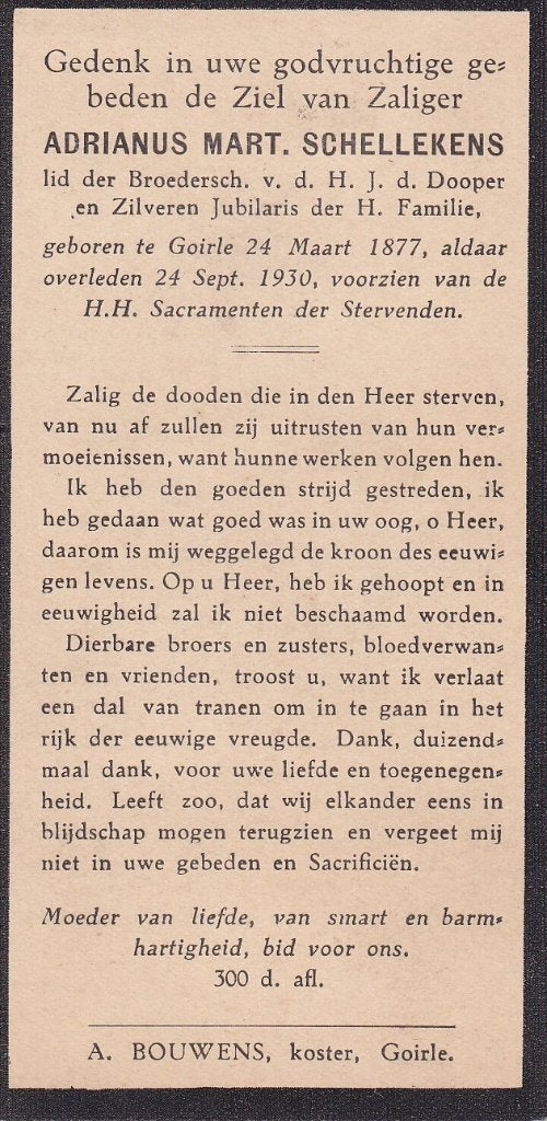 Schellekens Adrianus 1877 Goirle 1930, Ophalen of Verzenden, Bidprentje