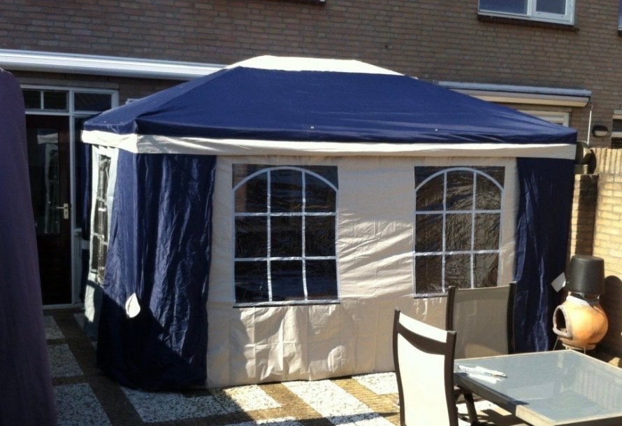 Partytent/Paviljoen 4x3M blauw/beige met ramen, Tuin en Terras, Partytenten, Ophalen, Gebruikt, Partytent, 4 tot 6 meter