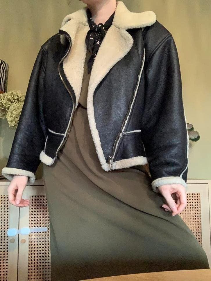 Vintage cropped lammy coat S M bomberjack gevoerd, -, Zwart, -, Ophalen of Verzenden