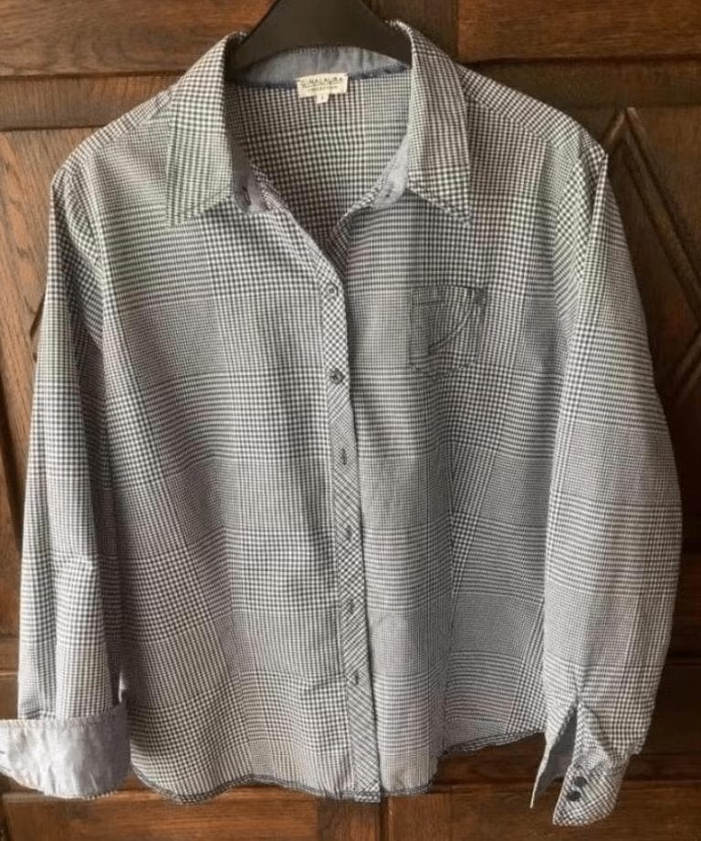 Blauw-wit geruite blouse, bloes lange mouw; L; Gina Laura, Kleding | Dames, Ophalen of Verzenden, Zo goed als nieuw, Maat 42/44 (L)