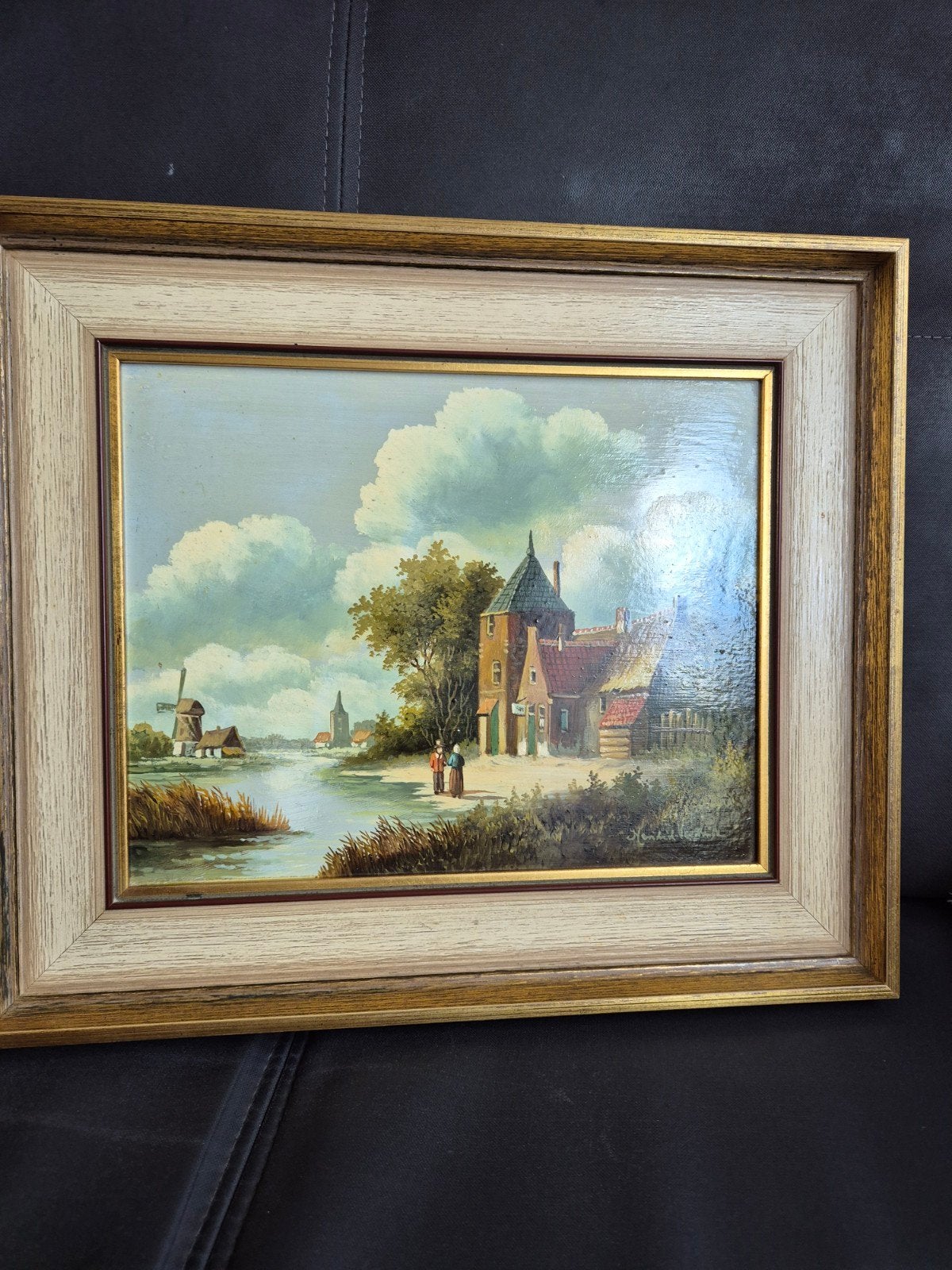 Oud Hollands landschap met molen en kerk, gesigneerd, Paneel, Oud hollands, Ophalen of Verzenden, Landschap