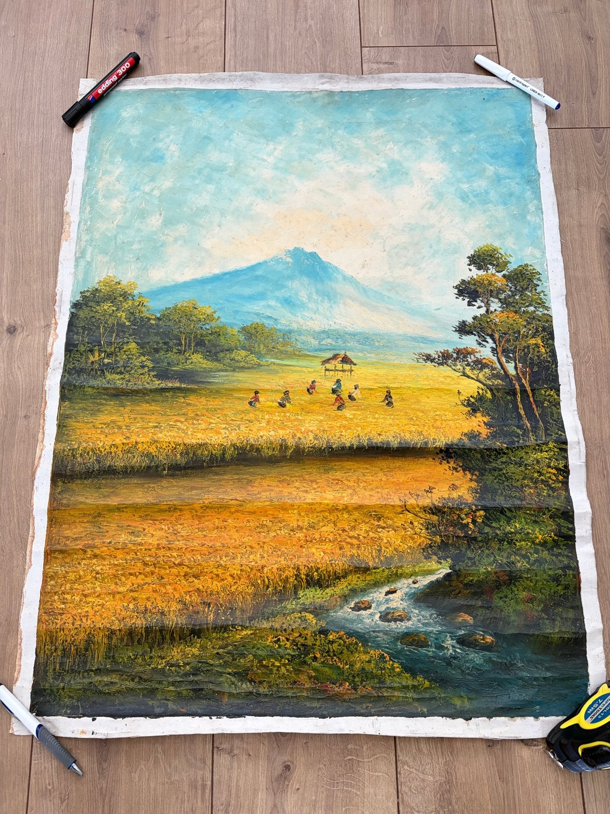 Olieverfschilderij Landschap met Rijstvelden en Berg 80x64cm, Doek, Realistisch, Ophalen of Verzenden, Olieverf