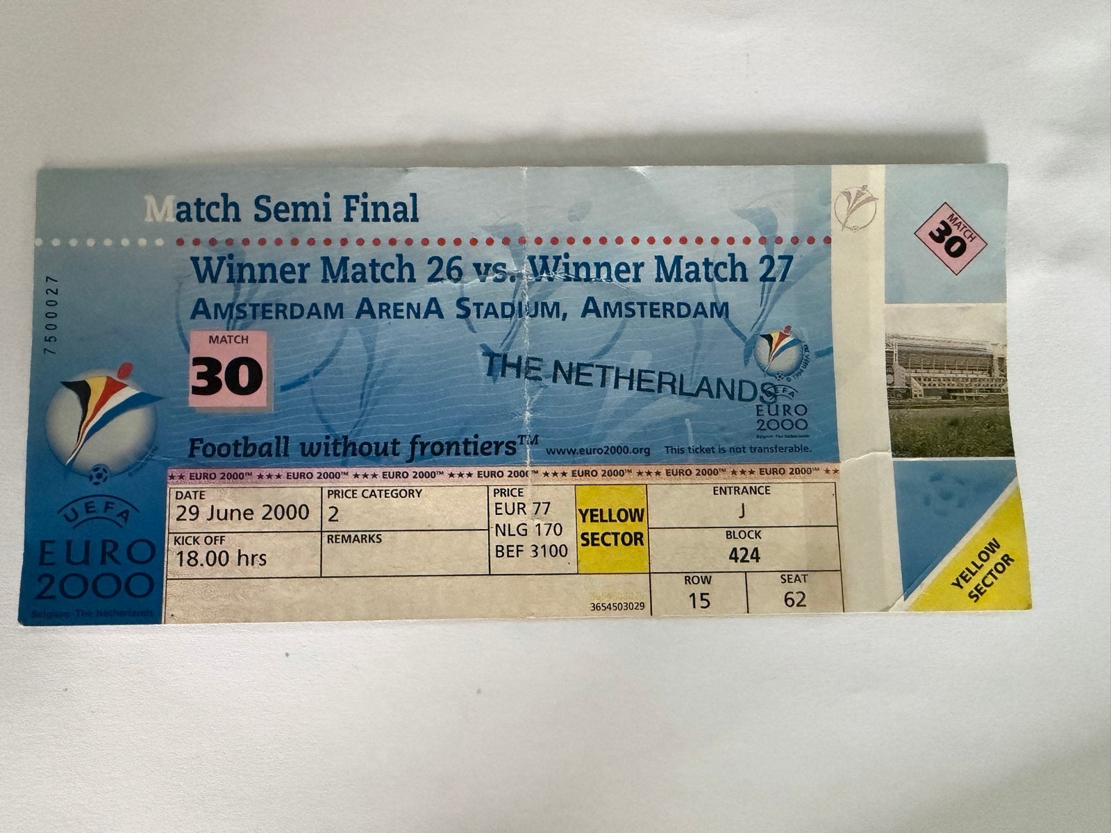 Ticket halve finale euro 2000 - Nederland-Italië, Tickets en Kaartjes