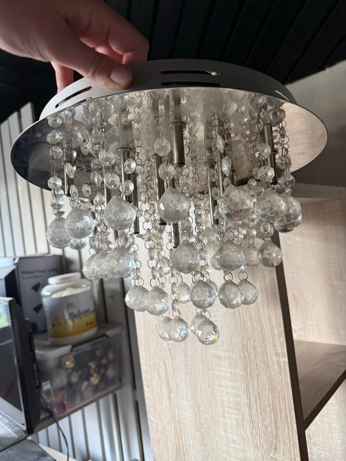 Moderne Plafondlamp met Kristallen Druppels, Huis en Inrichting, Gebruikt, Rond, Ophalen, Metaal