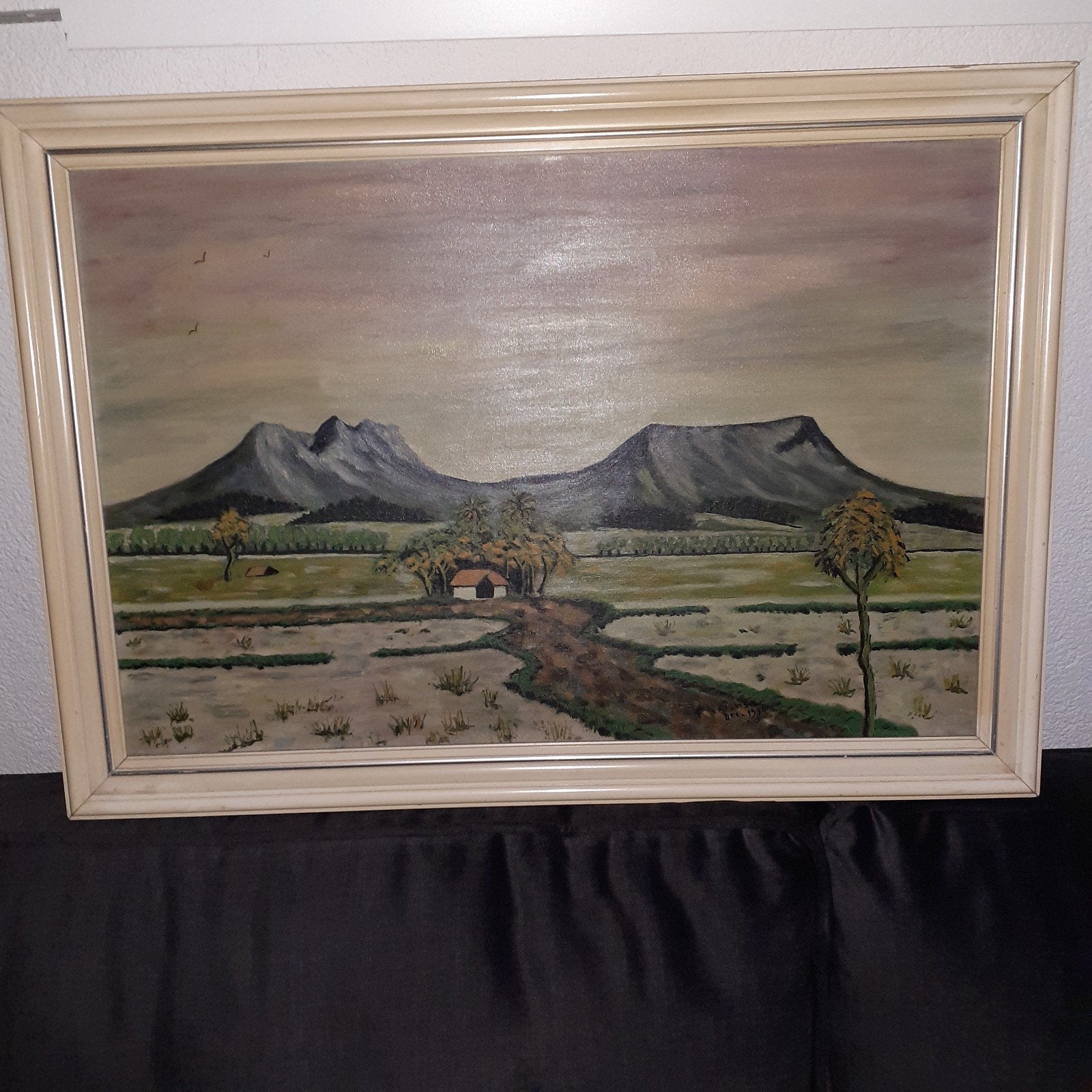 Schilderij: Berglandschap met huisje en rijstvelden, Doek, Realistisch, Ophalen of Verzenden, Gedateerd