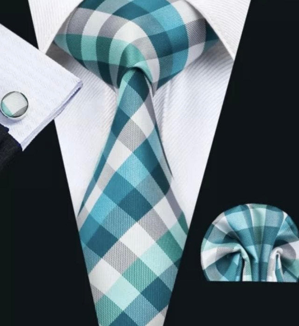 Nieuwe 100% Zijden Stropdas Set: Stropdas, Pochet, Manchetkn, Ophalen of Verzenden, Nieuw, Blauw, Met patroon