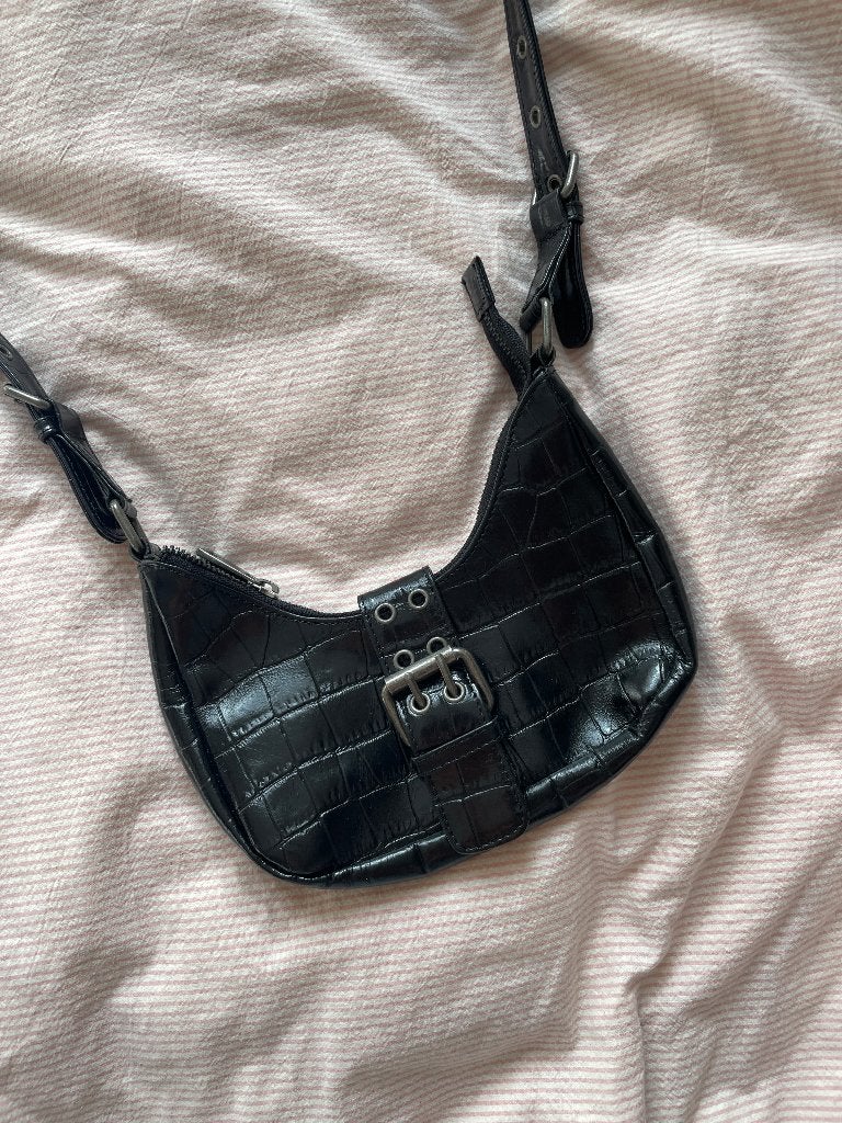 Zwarte Núnoo Schoudertas Palma Buckle Texas crossbody bag, Ophalen of Verzenden, Zo goed als nieuw, Zwart, Overige merken
