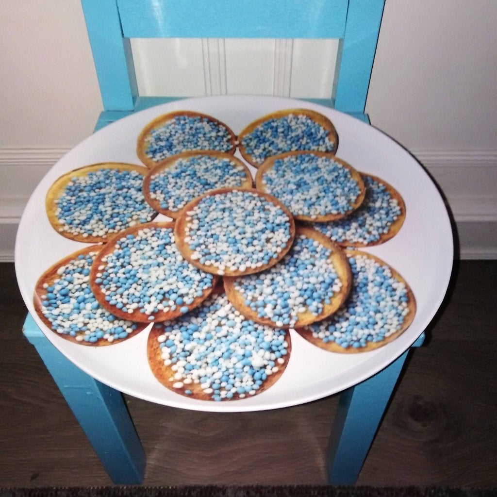 Beschuit blauw muisjes schaal - kunststof zie omschrijving, Ophalen, Gebruikt, Geboortebord