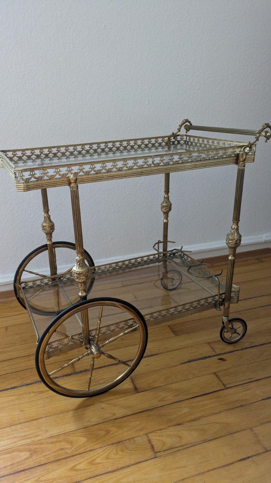 Barcart Maison Jansen stijl, teatrolley glazen platen, 50 tot 100 cm, Ophalen of Verzenden, Glas, Zo goed als nieuw