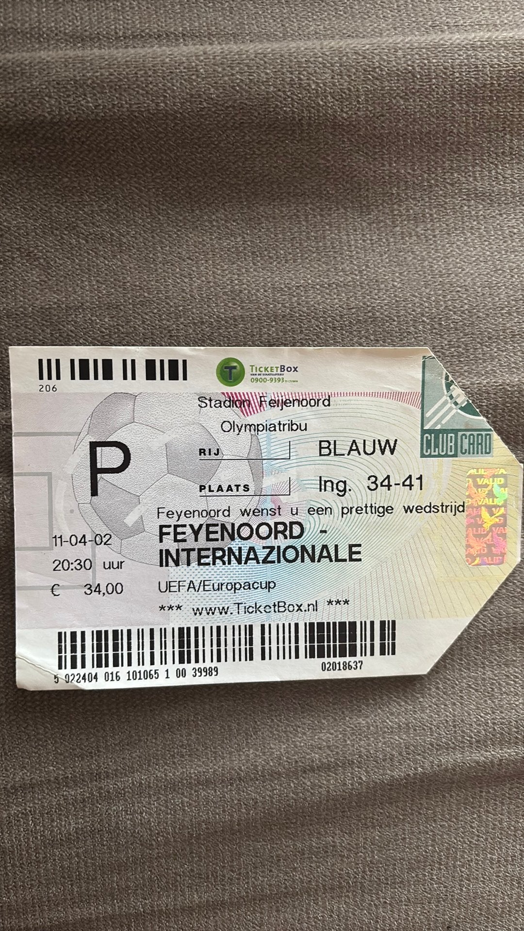 Oud stadionticket feyenoord inter 2002, Ophalen of Verzenden, Zo goed als nieuw, Feyenoord
