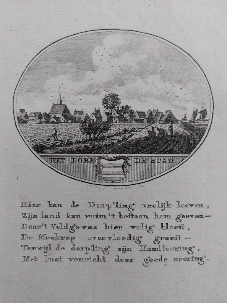 18 / Het dorp De Stad gravure 18e eeuw van Ollefen en Bakker, Ophalen of Verzenden