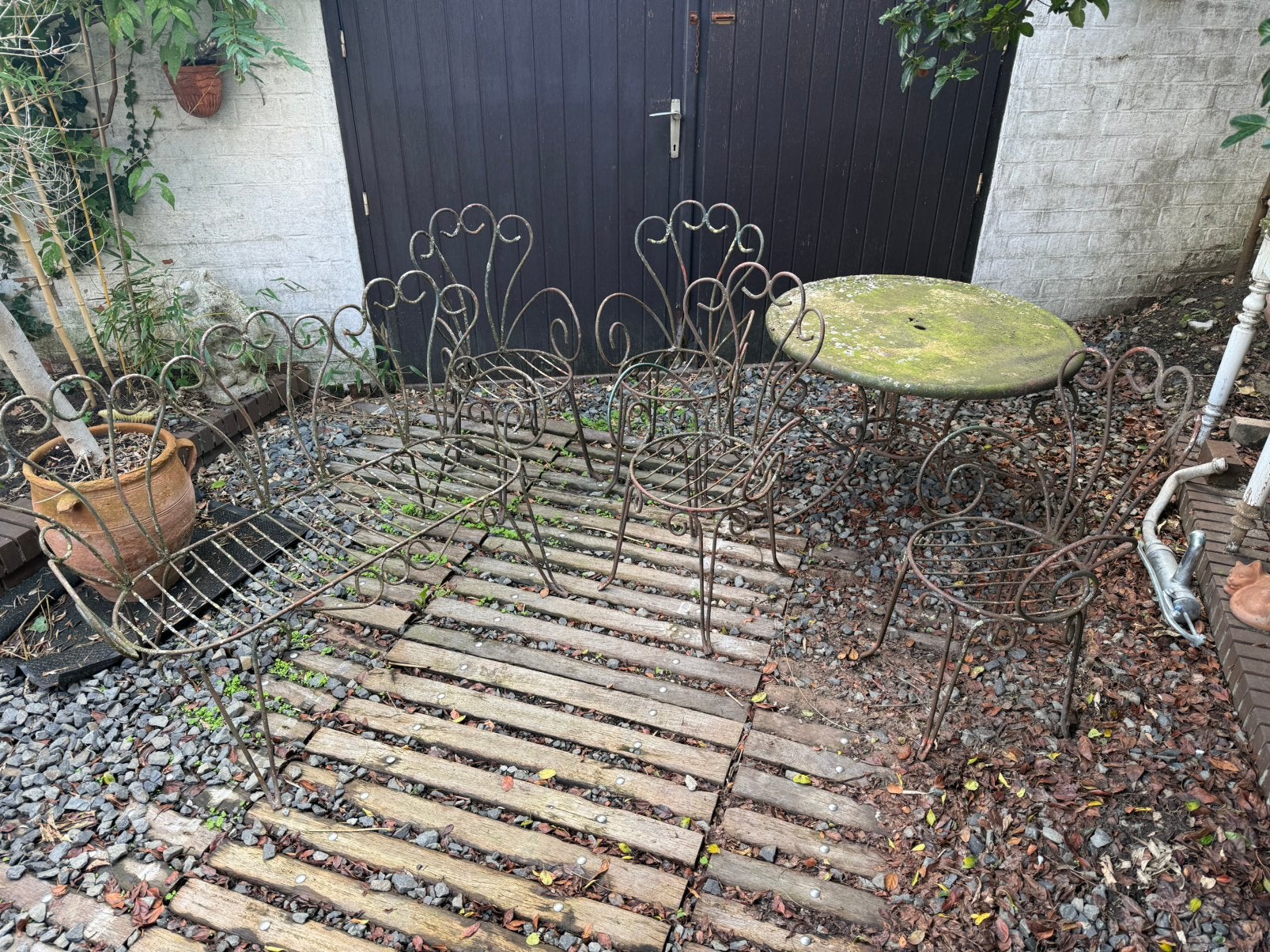 Oude gietijzeren tuinset antiek tafel stoelen vintage 1900, Tuin en Terras, Ophalen, Zo goed als nieuw, Overige materialen
