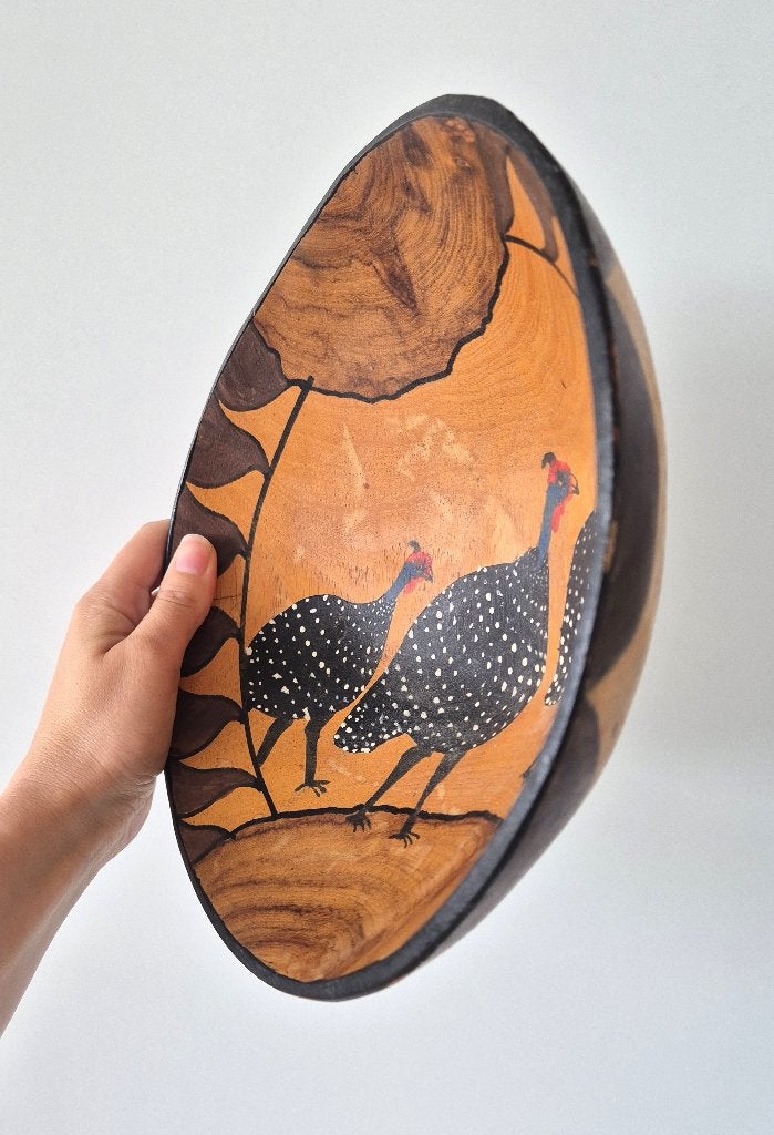 Handbeschilderde Houten Schaal uit Zuid-Afrika, Parelhoen, Ophalen of Verzenden