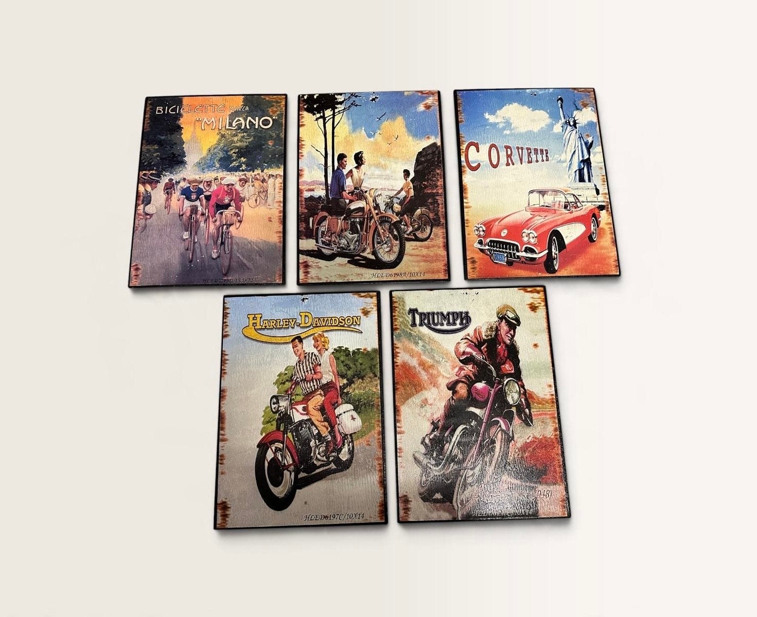Set van 5 Vintage Look Wanddecoraties - Auto's & Motoren, Metaal, Onbekend, Ophalen of Verzenden, Wandbord of Wandpaneel